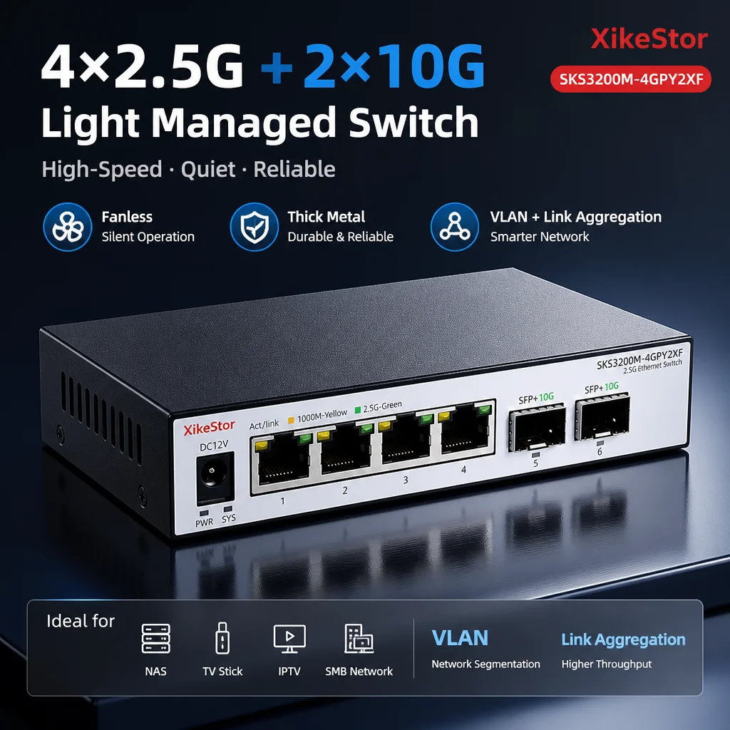 Xike 4-Port 2.5G 2-Port 10G SFP+Managed Switch, Web Interface VLAN Link Aggregation Support 2.5G& 10G SFP Fiber for Home Network