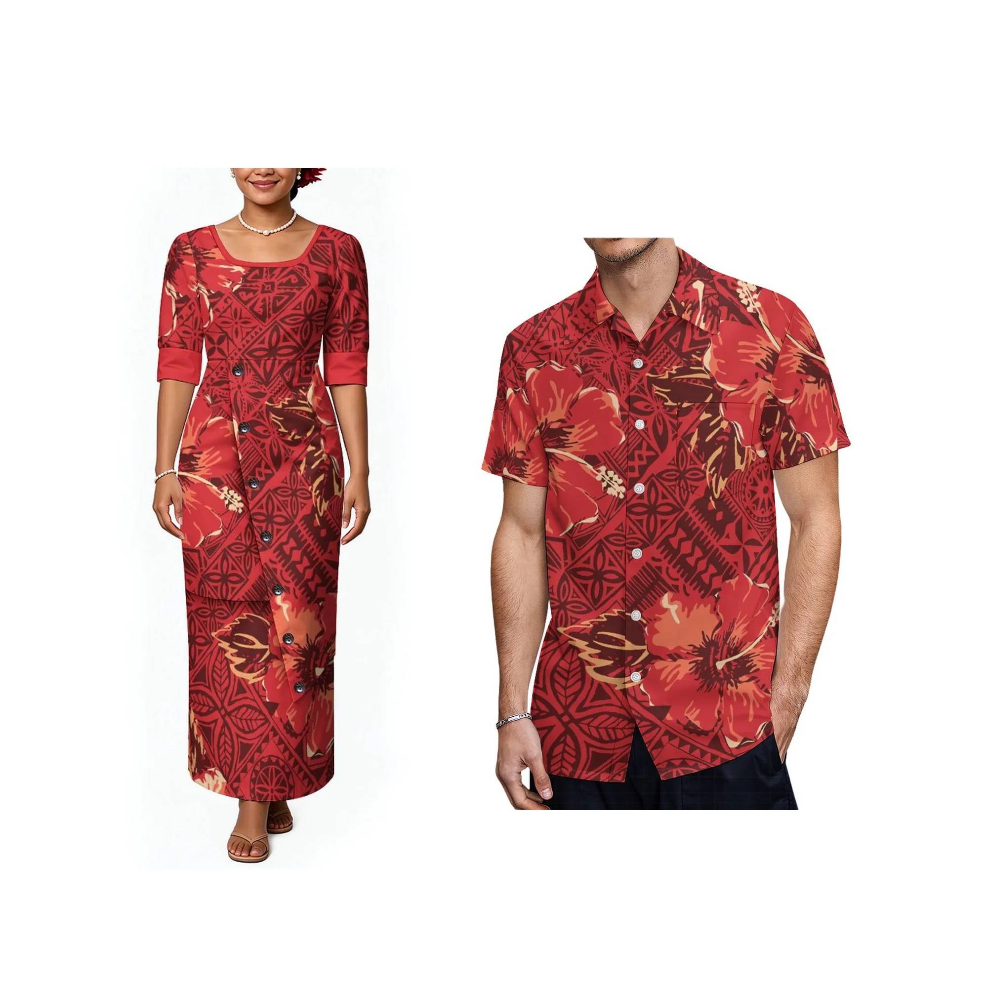 Conjunto de Casal Puletasi Estampado, Vestido Maxi Feminino com Botões e Camisa Masculina de Manga Curta, Roupa de Praia Personalizada