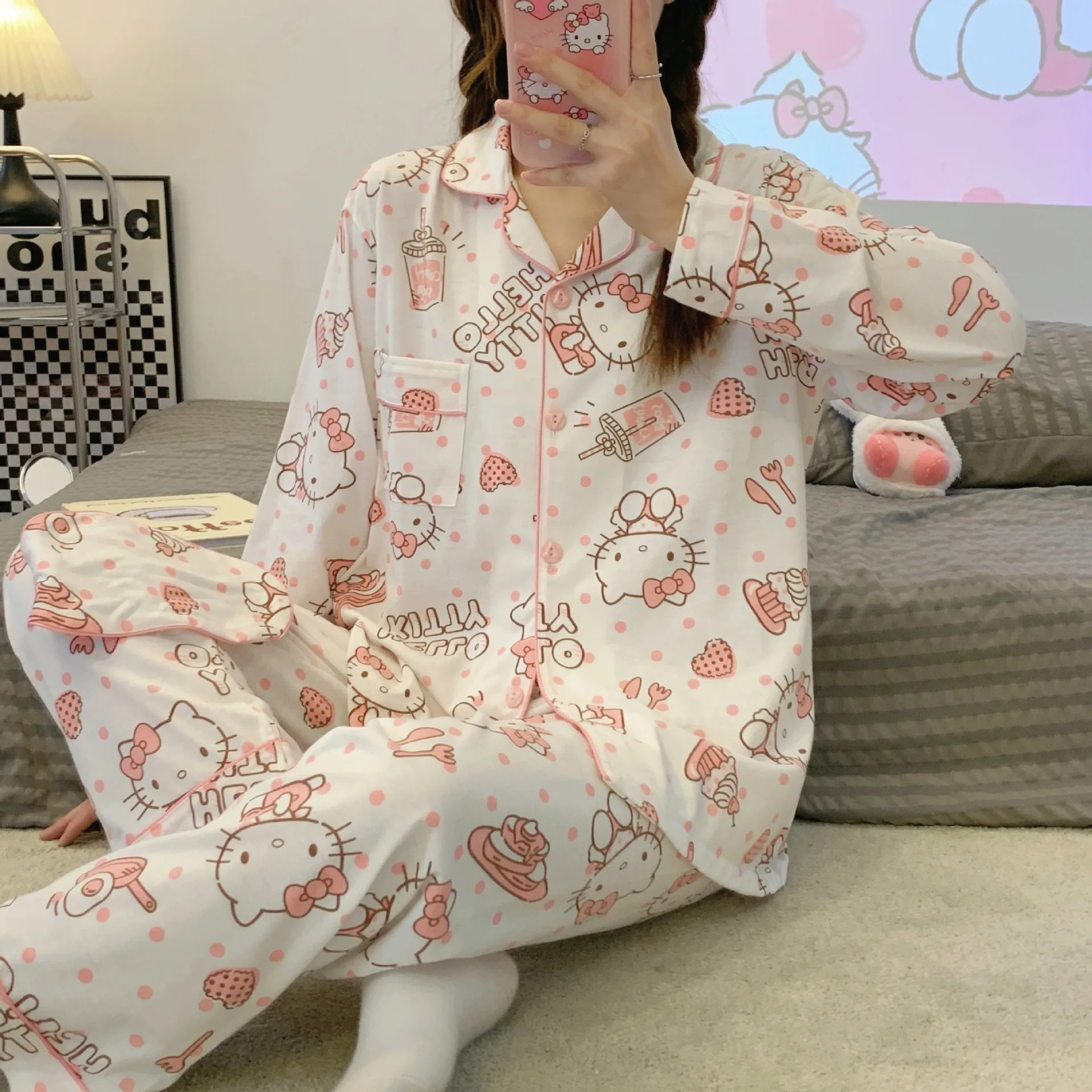 

New Anime Kawaii Hello Kitty Pajamas Womens Long Sleeve Pants Milk Silk Cartoon Cardigan Outdoor Casual Versatile Thin Homewear