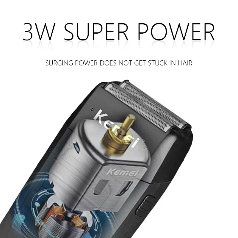 ماكينة حلاقة Kemei الاحترافية اللاسلكية، شفرات مزدوجة من الفولاذ المقاوم للصدأ، نظام قطع ترددي، ماكينة تشذيب شعر الوجه واللحية للرجال