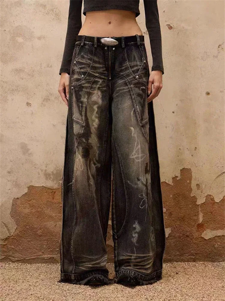 

wa damska dżinsy damskie Tie Dye Patchwork Design Unisex Street Cool Girl High Waist Bottoms Wide Legs Pants Female Baggy Denim Trousers