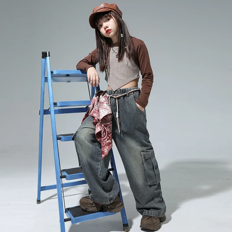 Winter Lange Mouw Top Meisjes Hiphop Kleding Street Dance Jazzdans Kostuum Top Jeans Pak Stadium Outfit Catwalk Wear DQL10072