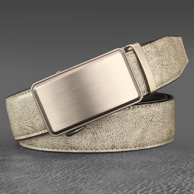 Sabuk Biru Kualitas Tinggi Pria Gesper Otomatis Warna Abu-abu Lebar 3.5Cm Tali Pinggang Kulit Asli Kulit Sapi