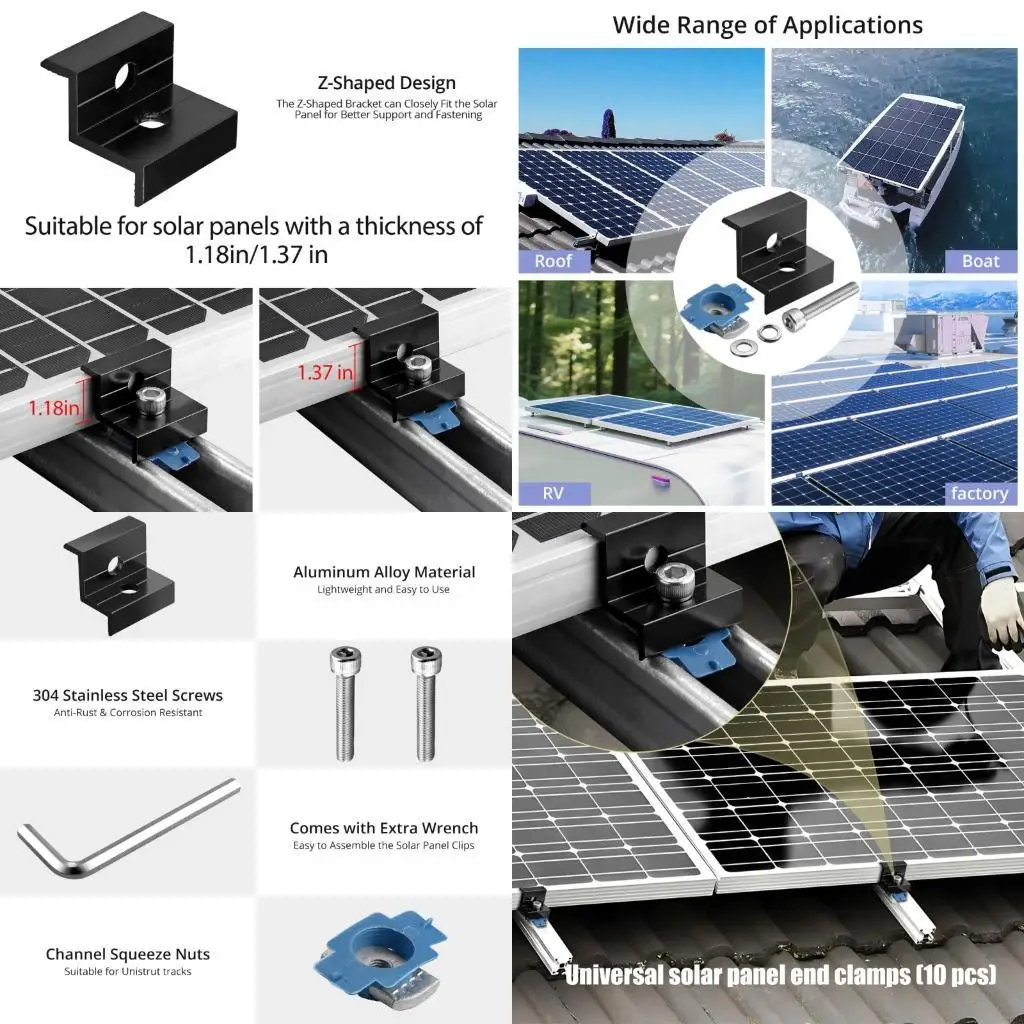  10Pcs Aluminum Alloy Adjustable Solar End Clamp Solar Panel Mounting Bracket Clamp Photovoltaic Mounting Bracket