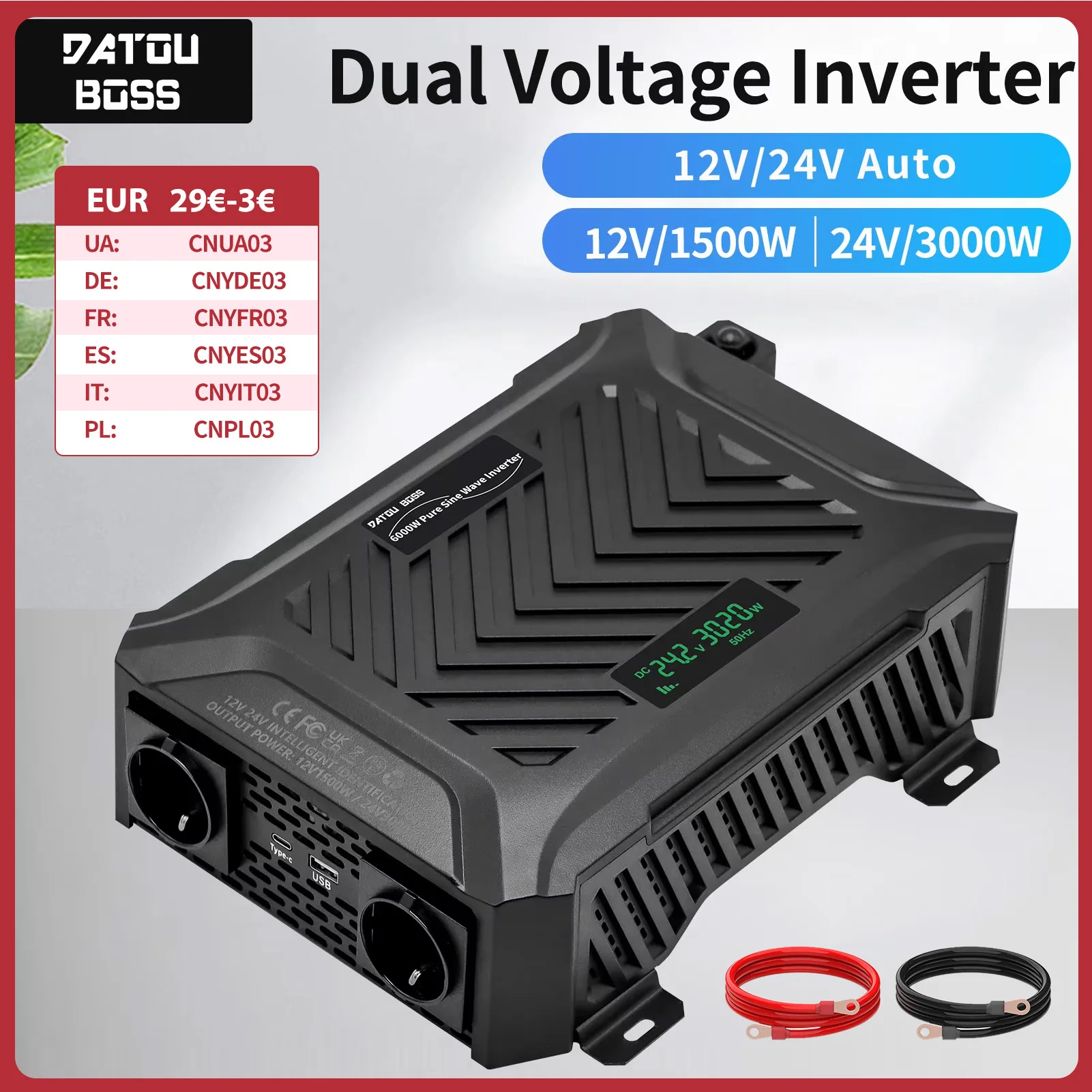 DATOUBOSS TY-PSW-6000 Dual Voltage Inverter Portable 6000W Pure Sine Wave Inverter DC12V-24V to AC220V-240V Car Inverter