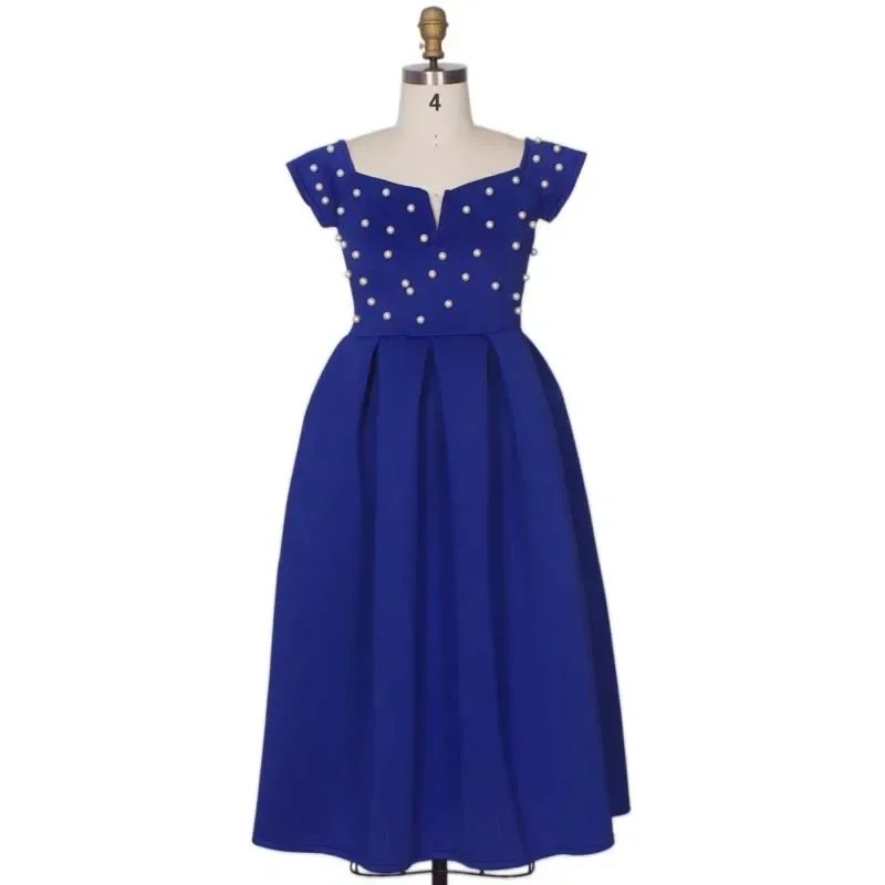 Elegant Beading Pleated A-Line Dress Women African Clothes Evening Dress Short Sleeve High Waist Solid Blue Party Long Dress