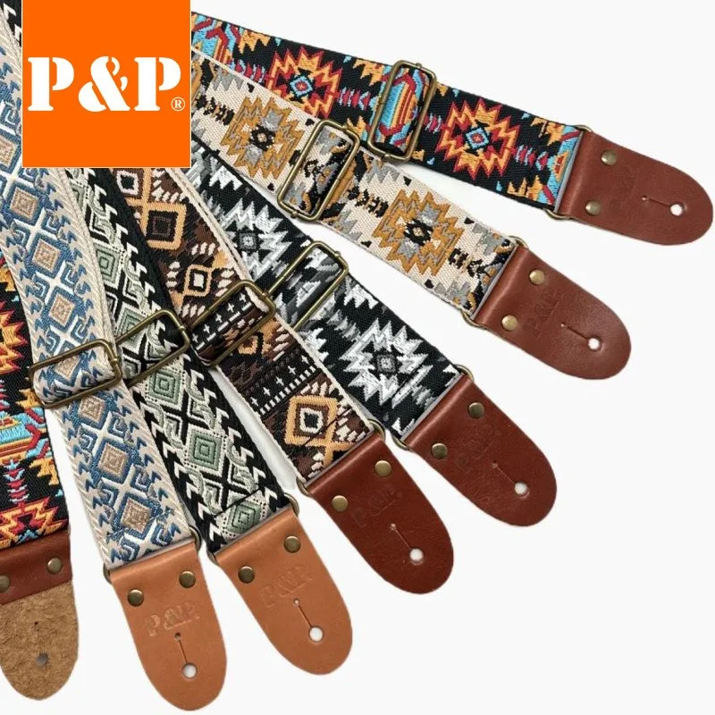 Guitar Strap New PP Top Layer Cowhide Leather Head Thickened Woven Ethnic Wind Guitar Bass Universal