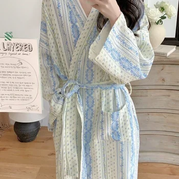 Sweet, Fresh, And Retro Striped Floral Nightgown and Pajamas for Women: Long-Sleeve…