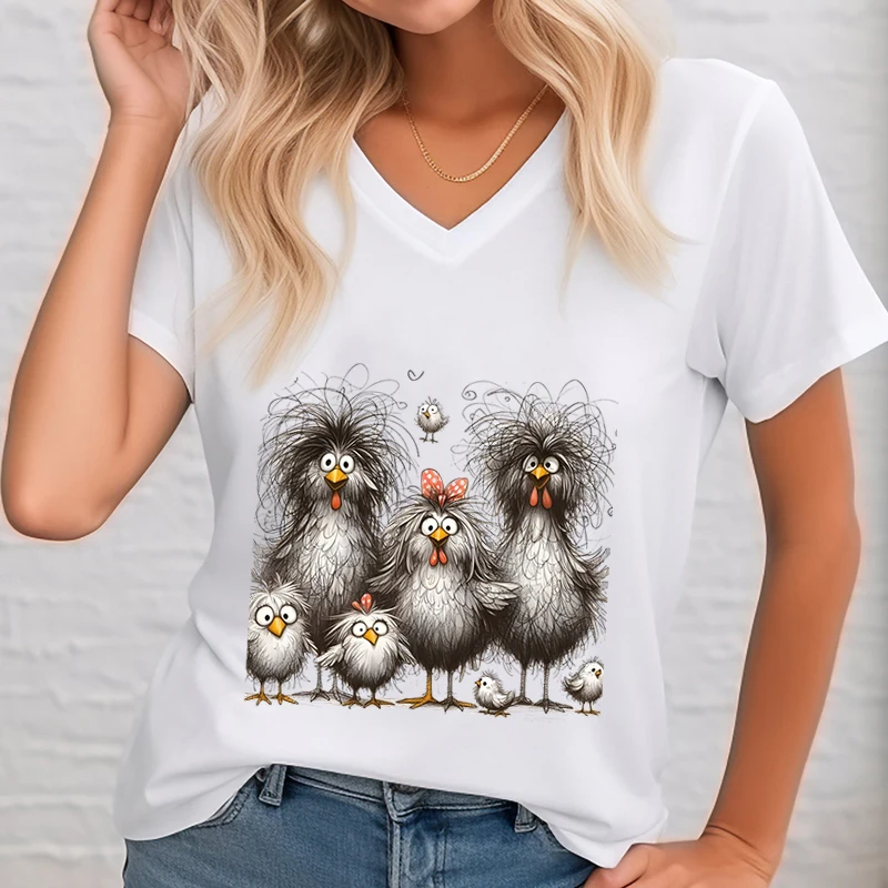 Women\'s Clothing Funny Chicken V-neck Short Sleeve T-shirt Cute Cartoon Animal Lovers T-shirt Casual Tops Women\'s Clothing Sales