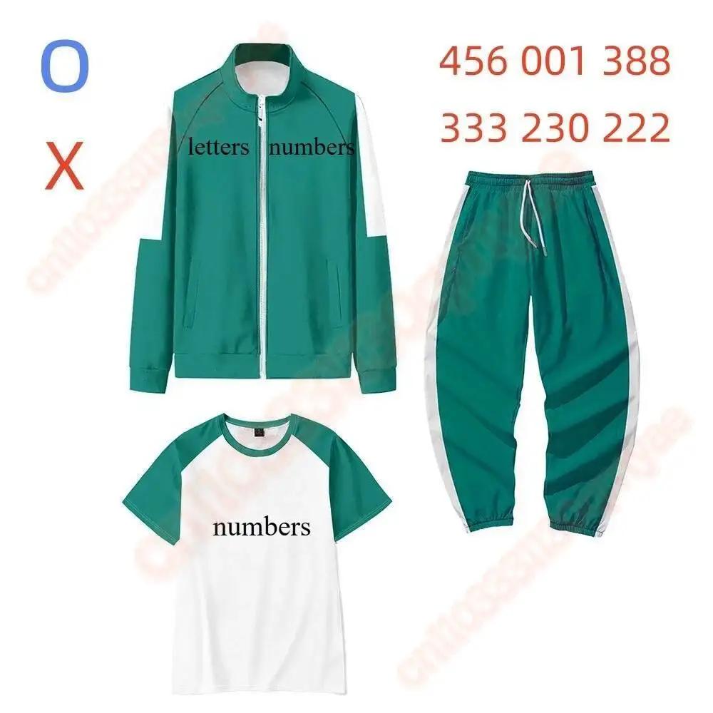 

2025 Calamari Game Cosplay Costume Green Tracksuit Outfits Jacket T-shirt Pants 001 456 230 Teenagers Sweatshirt Adult Kids Suit
