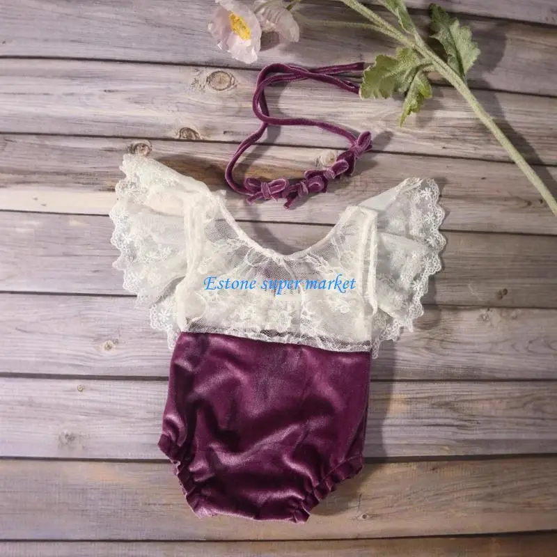 090B Newborn Lace Romper Set Baby Headband for Capturing valuable