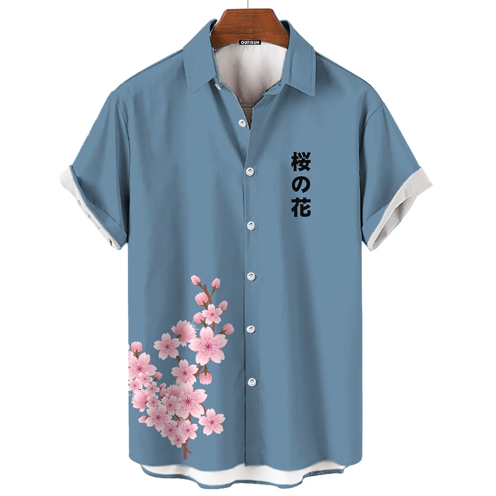 Fashionable Luxury Social men's Shirt Lapel button-down Shirt Casual Japanese Aesthetic Cherry Blossom Print short-sleeved Tops