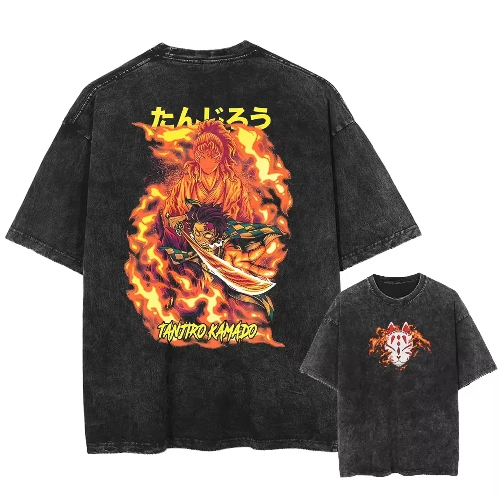 Camiseta com estampa de anime Street Demon Slayer, camiseta retrô lavada Harajuku, camiseta masculina de algodão extragrande da moda de verão