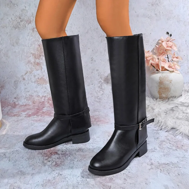 Design Women Knee High Boots Metal Buckle Comfortable Work Heels Shoes Autumn Winter Female Knight Long Booties