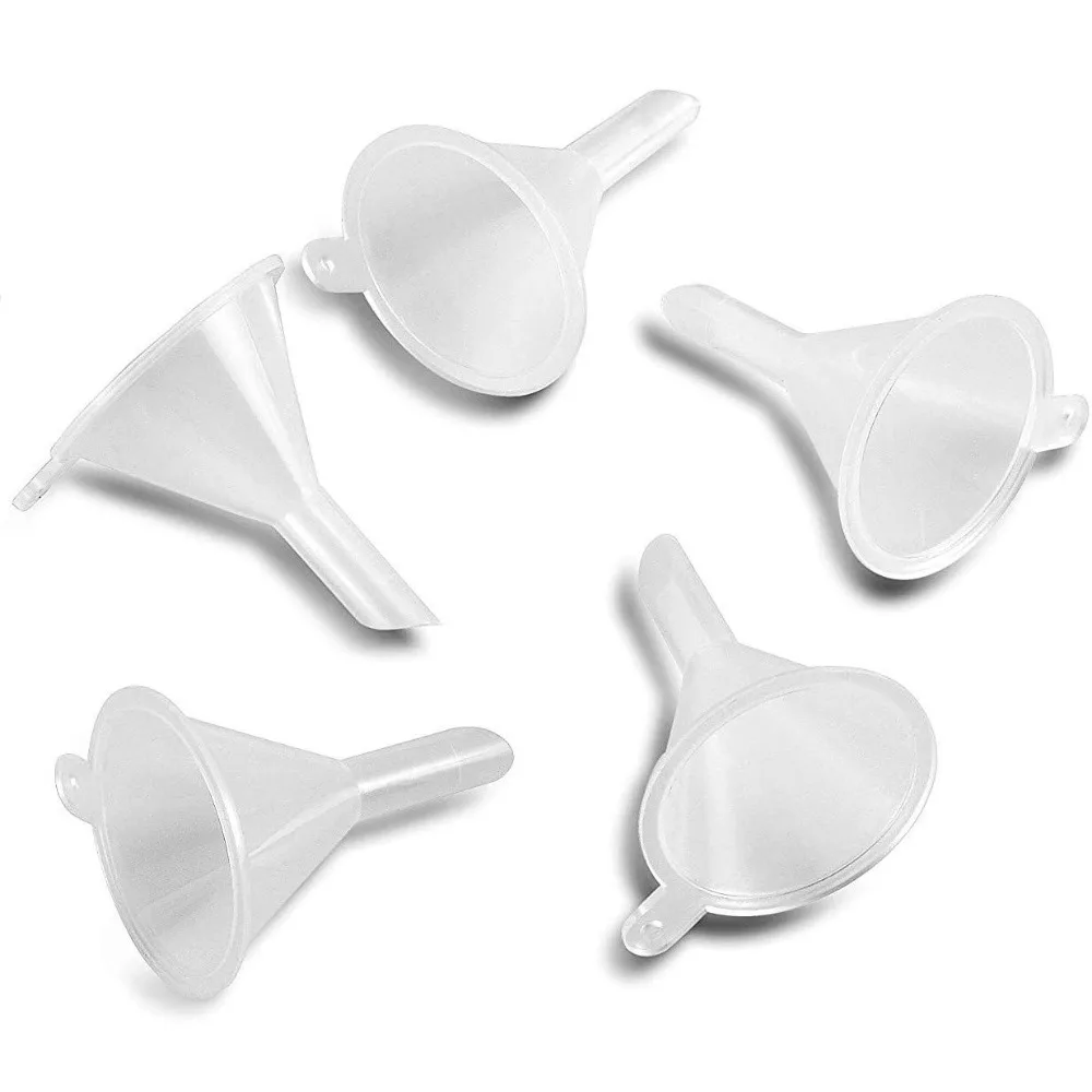 Juego de 5 Embudos Pequeños de Plástico Transparente para Aceites Esenciales, Especias, Polvos, Perfumes, Arte con Arena, Botellas de Cocina y Laboratorio, Mini Embudos con Boquilla Estrecha, Aptos para Uso Alimentario, Reutilizables, Portátiles