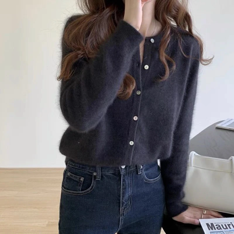 

Осенний повседневный вязаный кардиган с длинными рукавами, элегантный однотонный свитер с круглым вырезом, куртка, весенний однобортный женский кардиган