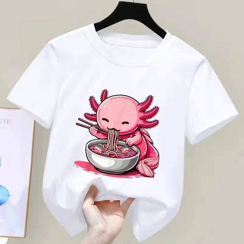 Anime Kawaii Axolotl Eating Ramen Noodles Kids Teen Girl Boy T-Shirt Cute Artwork Axolotl Lover Graphic Top Japanese Cartoon Tee