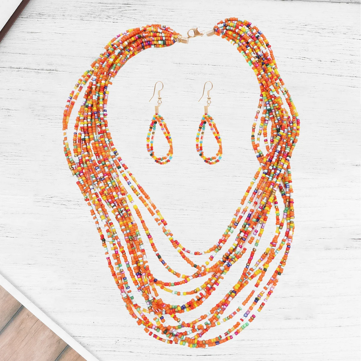 

1Set Bohemian Style Necklace Earrings Kit Orange Multi-Layer Layered Rice Bead Jewelry Durable Wedding Party Wear