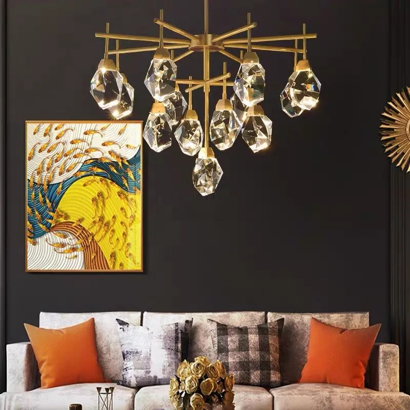 Art Deco Diamond Modern Gold Copper Crystal Stone Lustre Chandelier Lighting Suspension Luminaire Lampen For Dinning Room