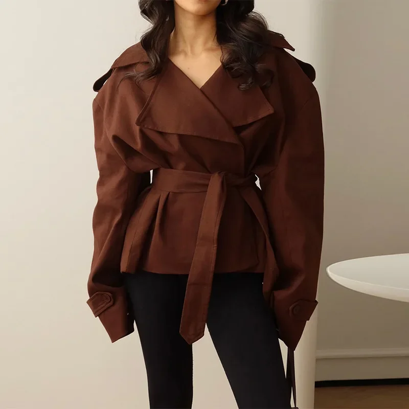2025 Winter New Navy Blue Dark Brown Light Brown Beige Multi Color Lapel Solid Color Belt Slim Short Trench Coat Women Outerwear