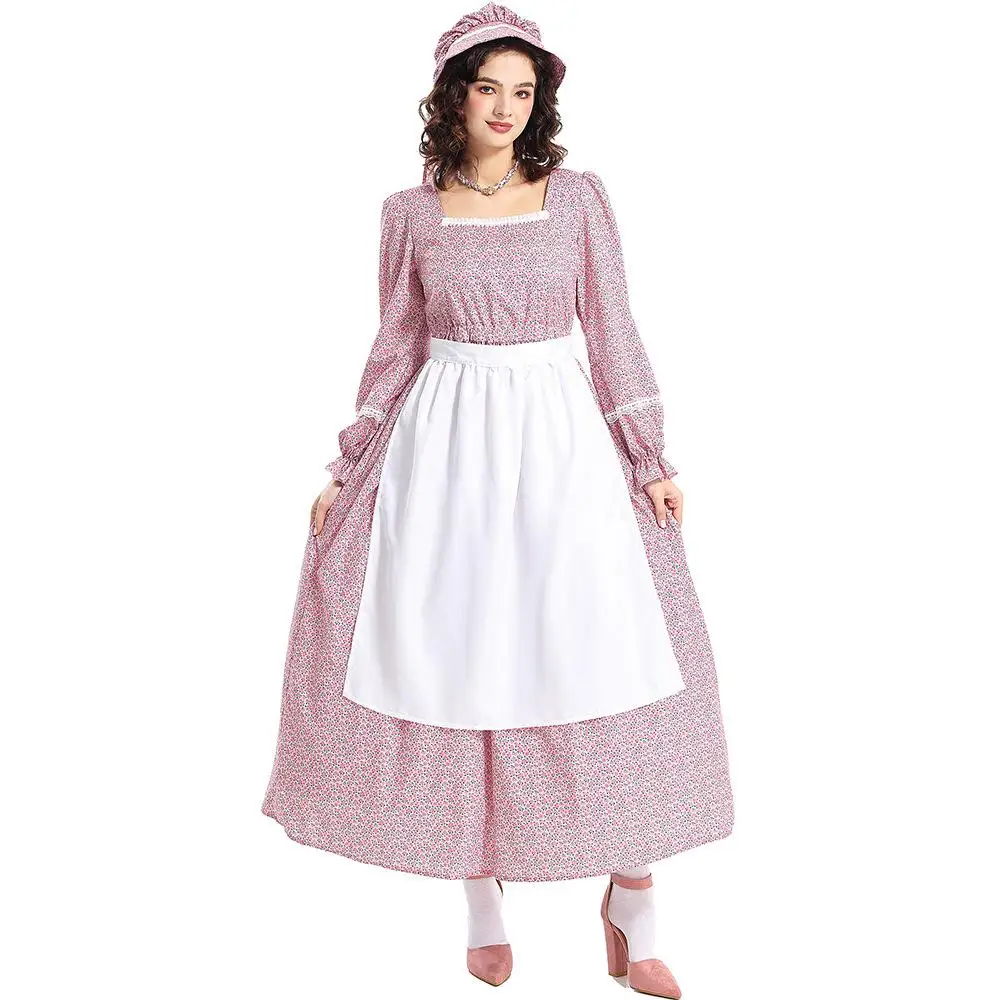Pink Floral Print Square Collar Dr Women's Sle Prairie Colonial Costume loween Outfit Chinese Production 2025 Spring