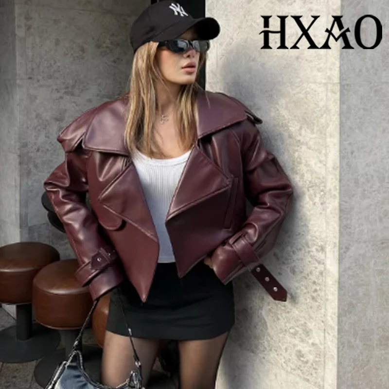 

HXAO Верхняя одежда Куртка из искусственной кожи Женская осенняя укороченная демисезонная куртка Ветровка Женская модная черная куртка с длинным рукавом