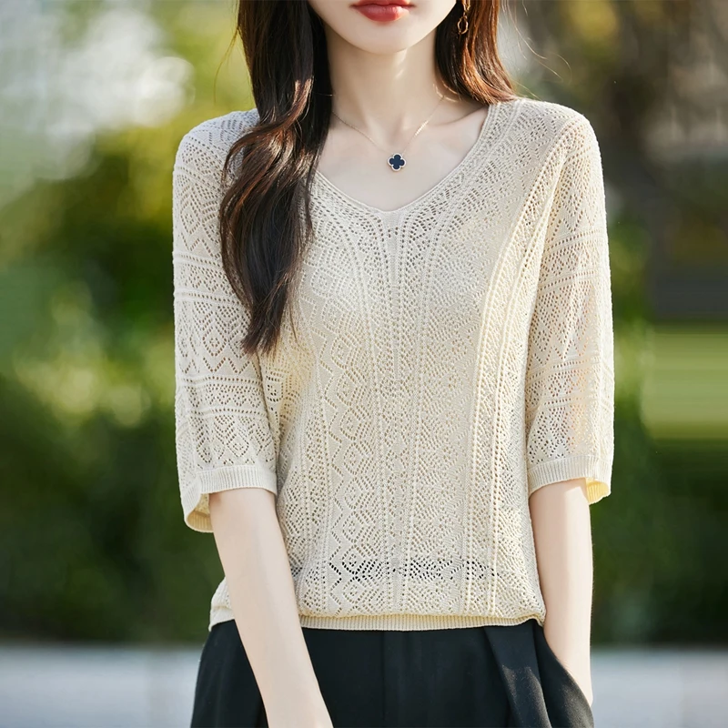 

Summer New T-shirt Lyocell Cotton Women's Top V-neck Short Sleeve Loose Knitted Thin Comfortable Half Sleeve TopKnitted Cardigan