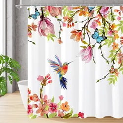 Spring Floral Hummingbird Shower Curtain for Bathroom Watercolor Flowers Birds Fabric Bath Curtains Modern Art Decor with Hooks