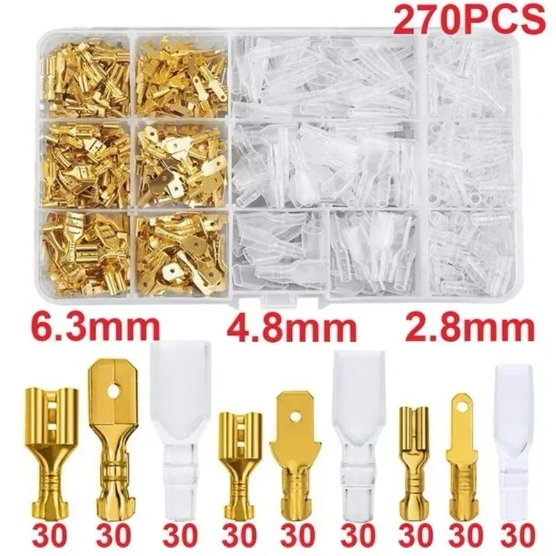 270PCS Insulated Male Bus Connectors 2.8/4.8/6.3mm Electrical Crimping Terminals Shovel Shaped Connectors Matching Toolbox