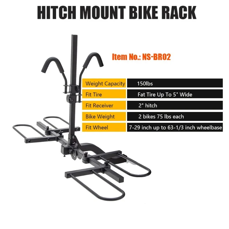 SUV Minivan Sedan Truck Car Travel 150lbs Platform Tray 2-bike Fat Tire Bike Rear Mount Hitch Bicycle Rack Carrier