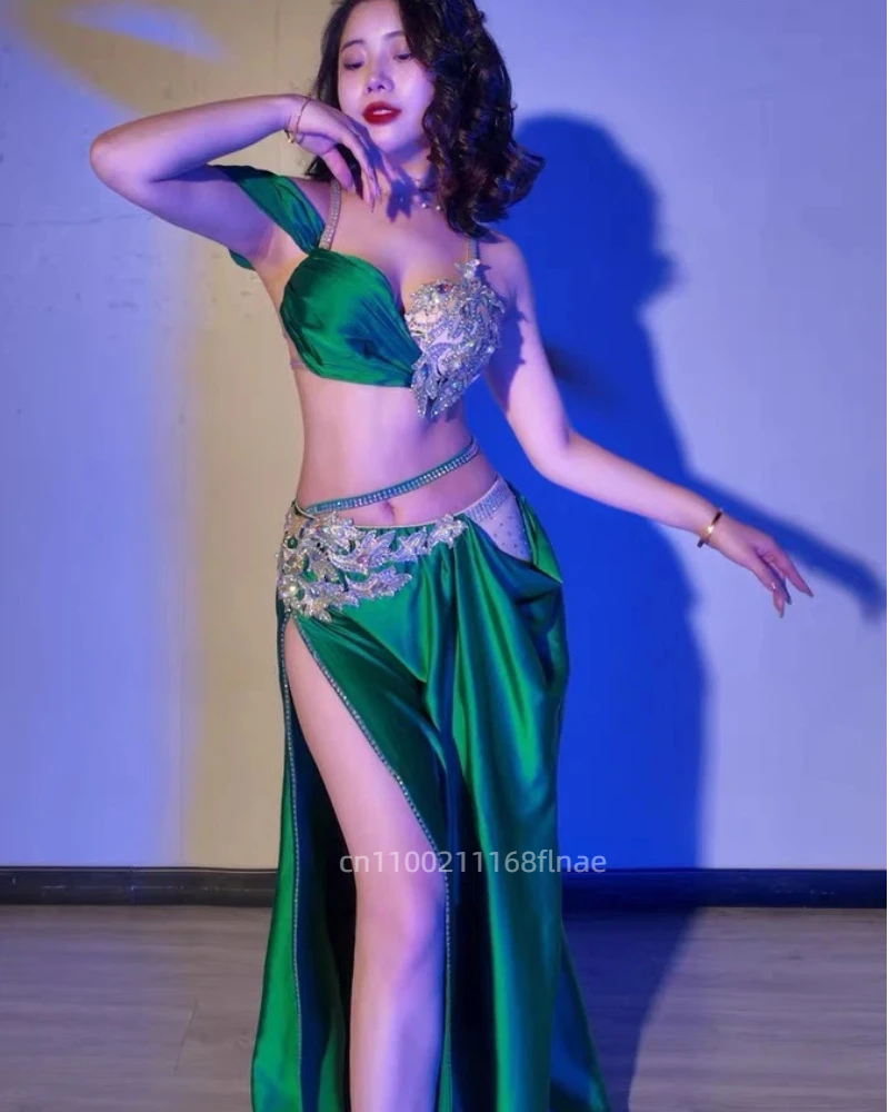 Belly Dance Set, Diamond Inlaid Suspender Bra, Split Style Large Skirt Performance Suit, Oriental Dance Competition Suit