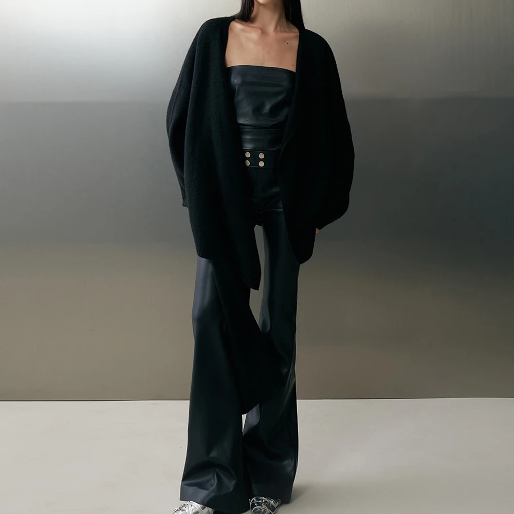 TWOTWINSTYLE Solid Spliced Sashes Chic Leather Trousers Female High Waist Slimming Streetwear Women's Pants Autumn New Fashion