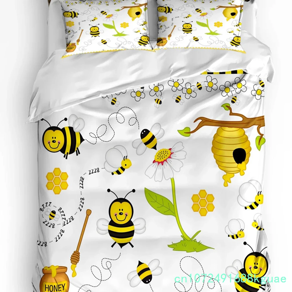 Cartoon Bee Cute Square Pattern Duvet Cover Bed Bedding Set Home Textile Quilt Cover Pillowcases Bedroom Bedding Set No Sheet
