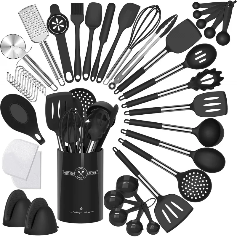 43 pcs Heat Resistant Kitchen Utensils, Black Kitchen Gadgets Set with Stainless Steel Handles Non-Stick Cookware
