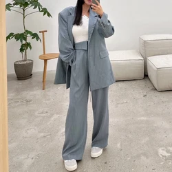 SuperAen 2024 Korean Chic Spring New Style Streak Blazer Top High Waist Wide Leg Casual Pant Two Pieces Set