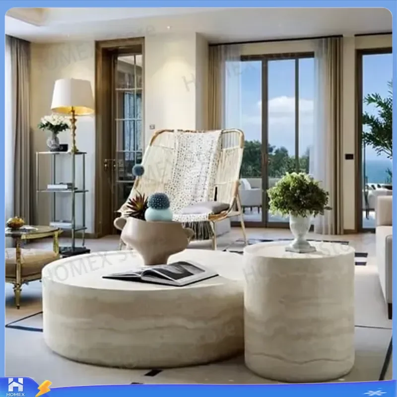 Modern Round Coffee Table Faux Marble Top Drum Center Table for Living Room Apartment Small Space Contemporary Home Furniture