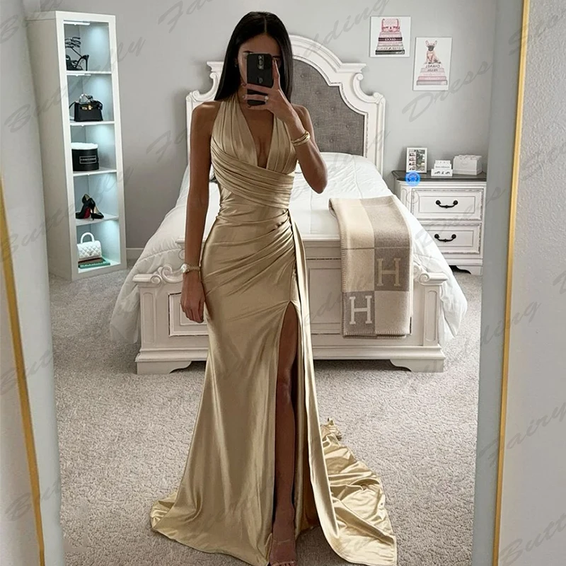 Simple Women's Evening Dresses Sexy Mermaid Side Split Sleeveless Princess Prom Gowns Formal Celebrity Party Arabic Vestidos De