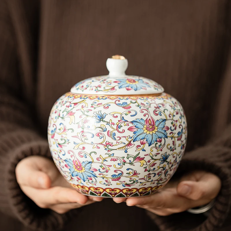 

Modern Painted Flower Entwined Lotu Ceramic Tea Jar Vintage Seal Moisture-proof Storage Jar Enamel Color Storage Jar Home Decor