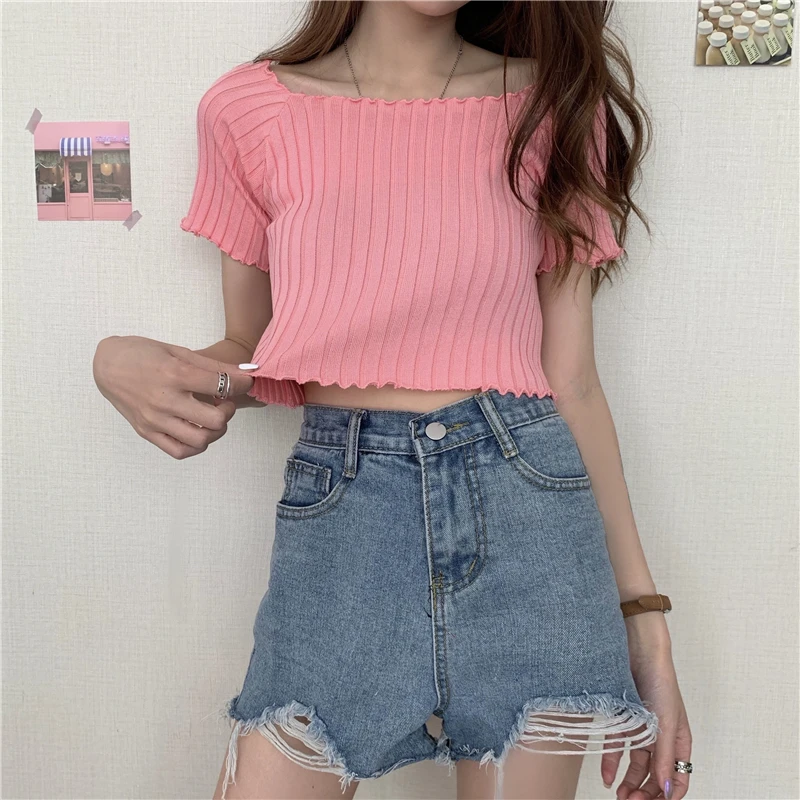 Women Off shoulder T-shirts Solid Tops Summer Women Summer Ruffles Hem Tees Short Sleeve Knit Crop Top Women 2023 Summer