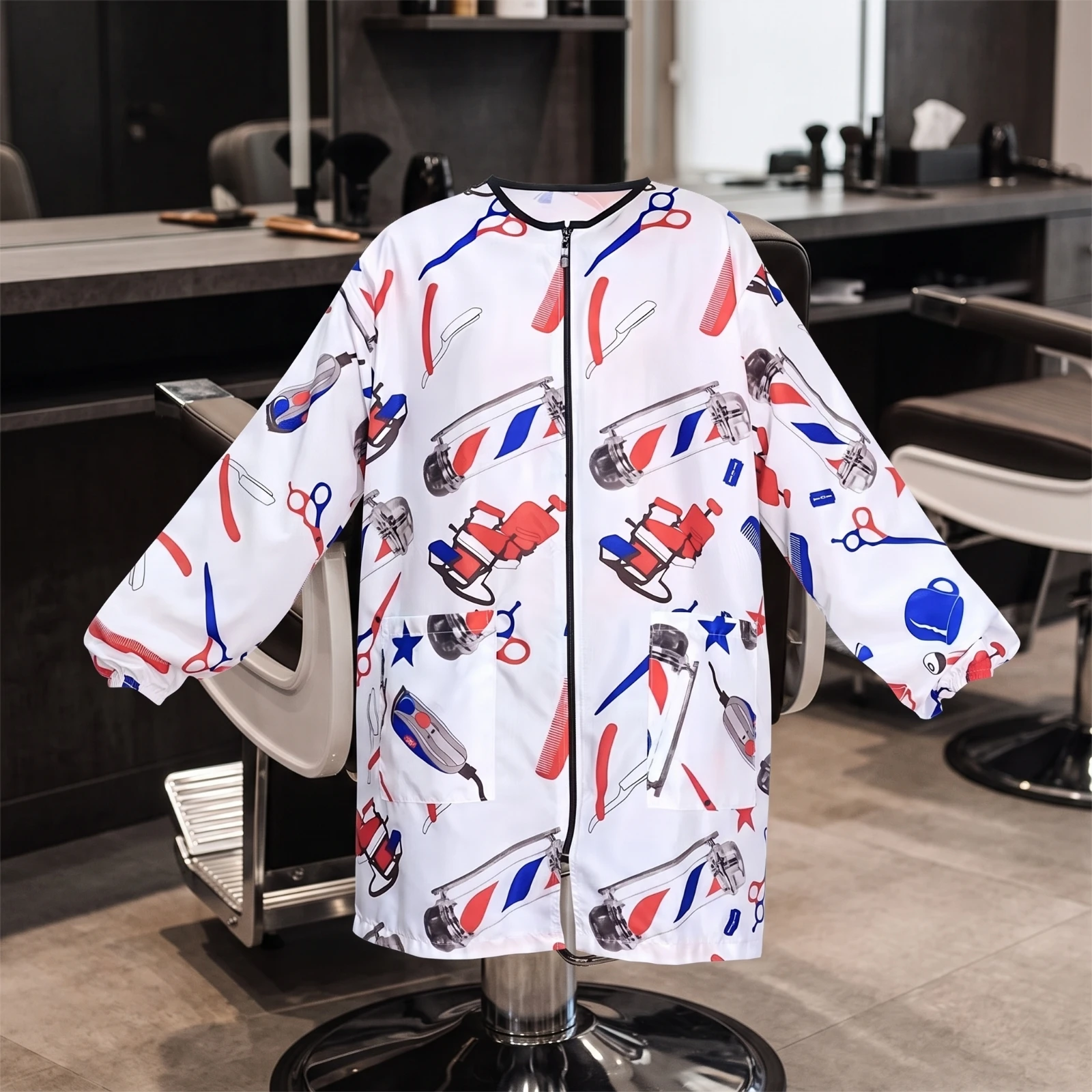 スタイリストジャケット-プリント入りヘアスタイリストジャケット-バーバーコート-軽量サロンスモック-ポケット付き-ヘアスタイリストに快適