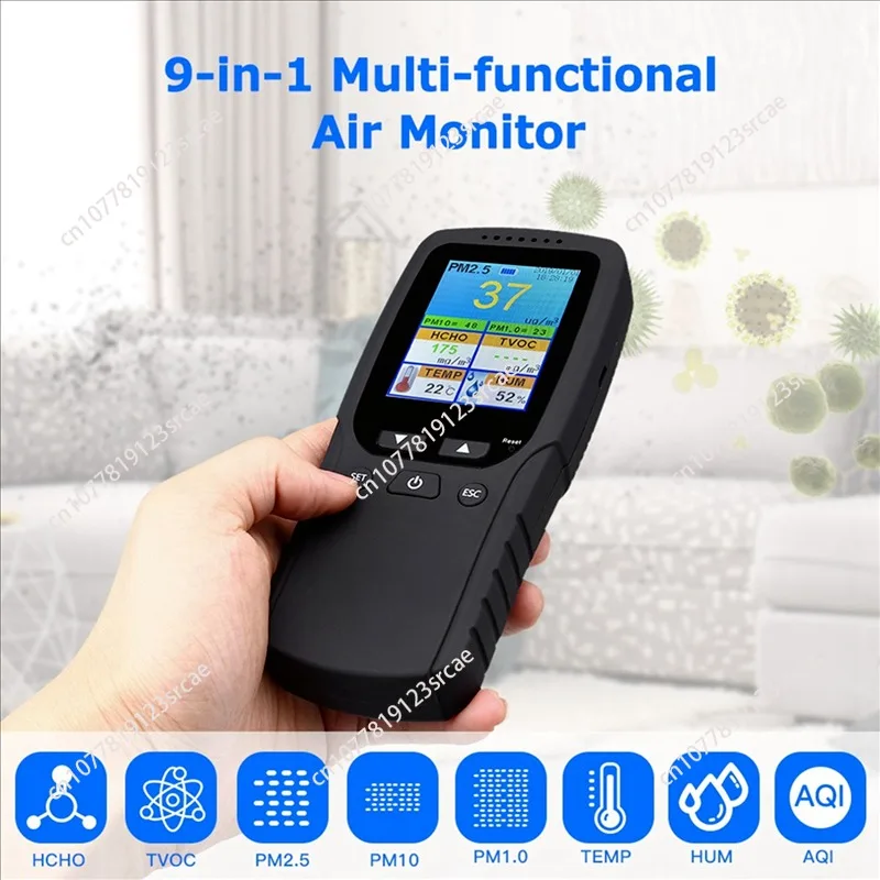 Temperature and Humidity Sensor 9-in-1 Air Quality Monitor Indoor and Outdoor PM2.5,PM1.0,PM10,HCHO Detector