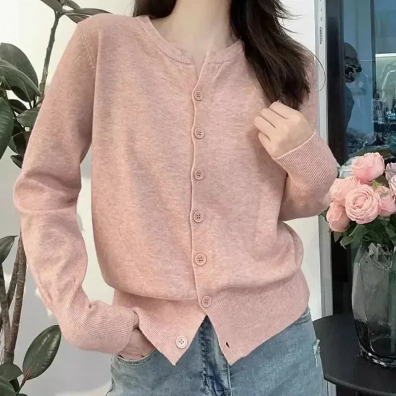 Women V-neck Cardigan Sweet Casual Short Knitted Sweaters Coat Lady Long Sleeve Thin Soft Cardigan Sweaters Autumn Outwear