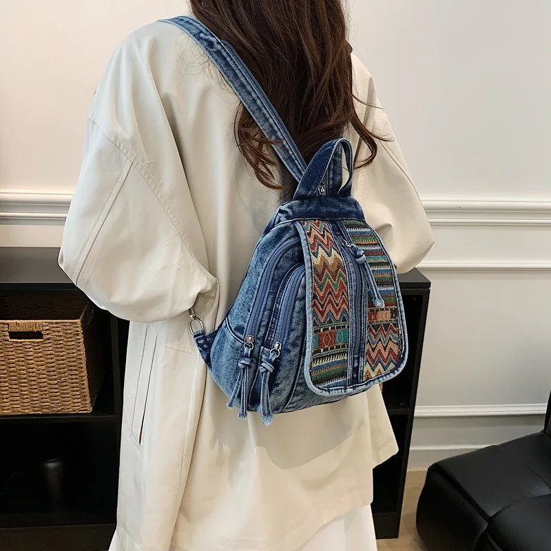 Women Retro Denim Embroidered Backpack with Ethnic Pattern Small Travel Daypack Casual Convertible Chest Bag for Ladies Student