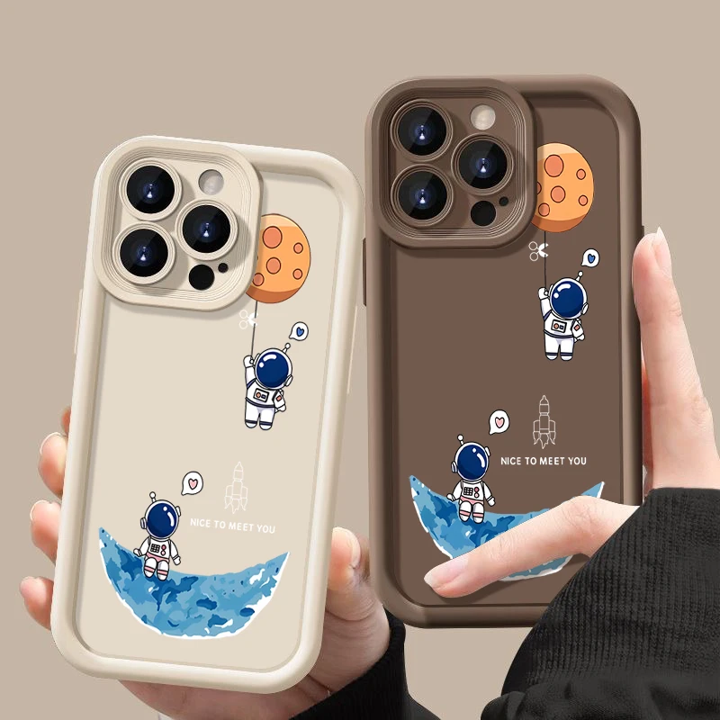 

Moon Astronaut Print Silicone Case For iPhone 16e 15 16 Pro Max 14 13 12 Pro Max 15 16 Plus 11 Shockproof Soft TPU Phone Cover