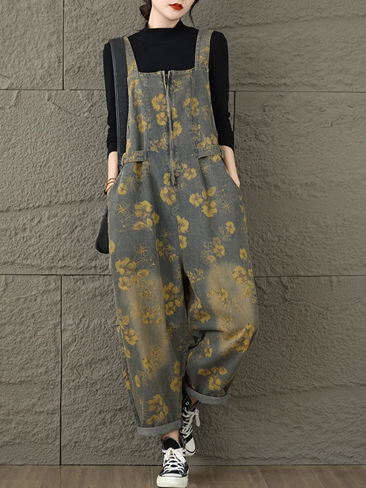 Vintage Print Floral Denim Jumpsuit Women Loose Wide Leg Baggy Cargo Pants Casual Streetwear Straps Jeans Overalls New Dungarees