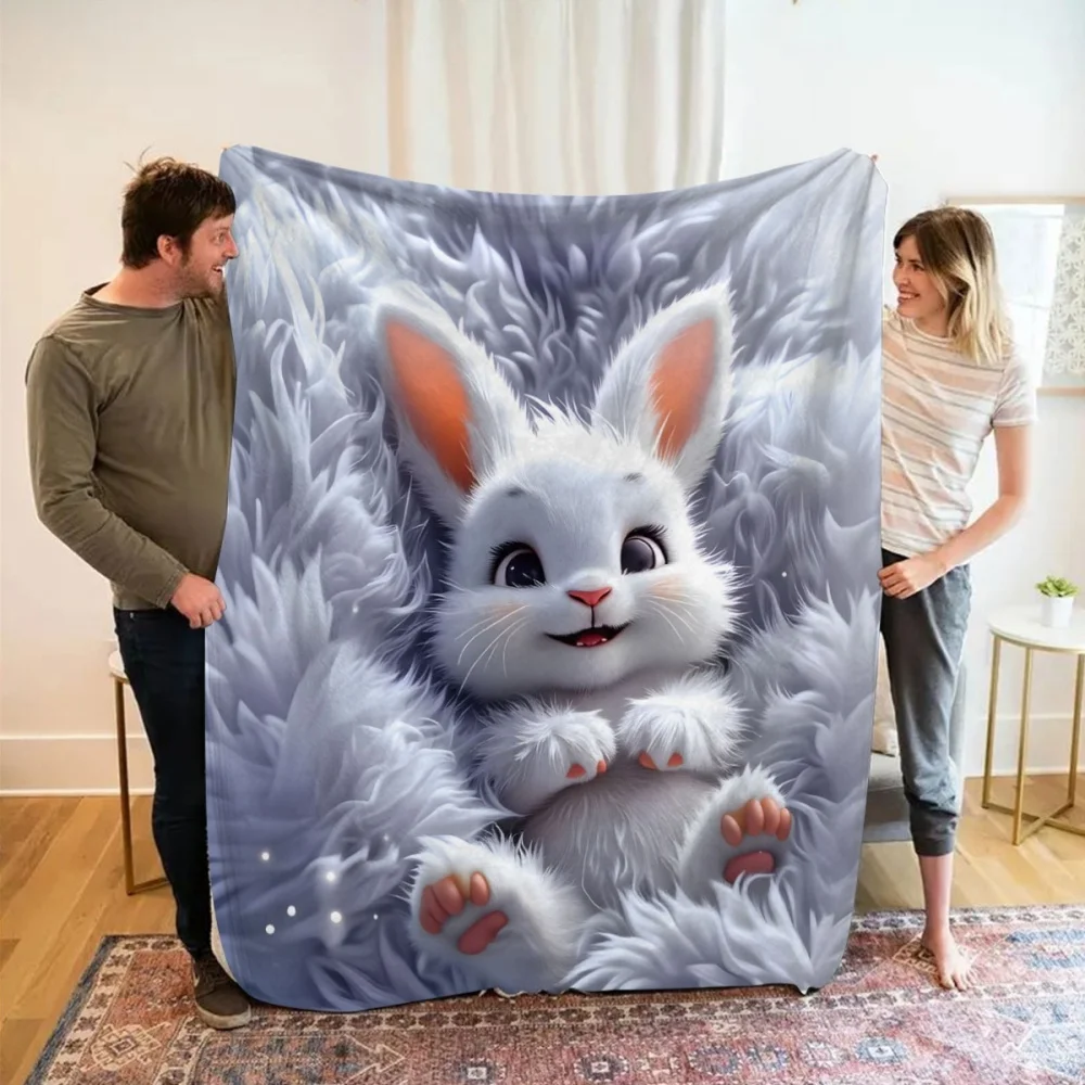Fluffy White Rabbit Animal Print Fleece Throw Blanket Soft Warm Lightweight Plush Blanket for Sofa Couch Bed Modern Wildlife