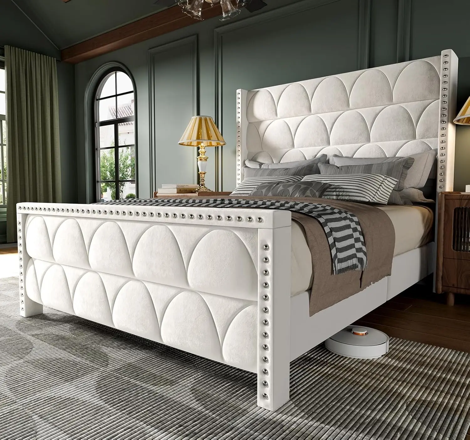 

Queen Upholstered Wingback Platform Bed Frame 56" Headboard Velvet Noise-Free Wooden Slat Support Cream, Customized