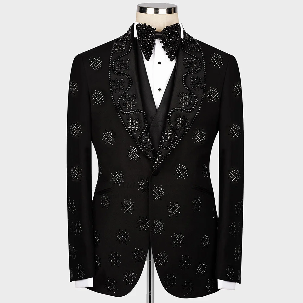 

Luxurious Beaded Rhinestones Tuxedos Men Suits 3 Pieces Wedding Groom Dinner Party Male Prom Blazers Ternos Completo