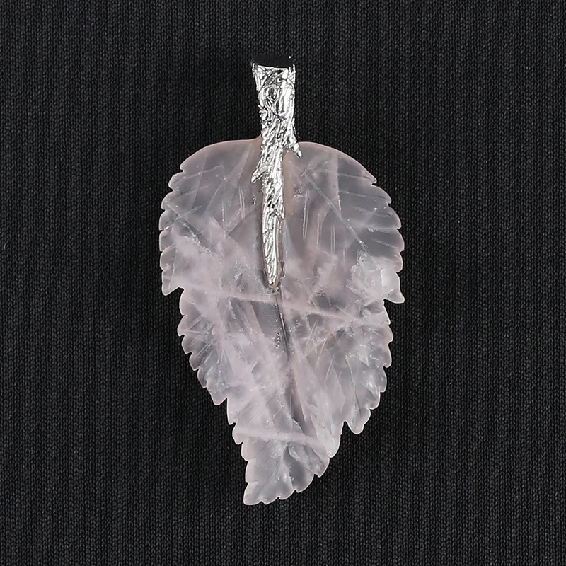 925 Sterling Silver Pendant Natural Stone Rose Quartz Handcarved Leaf Pendant Bead Necklace  Accessories 59x32x7mm 11.2g
