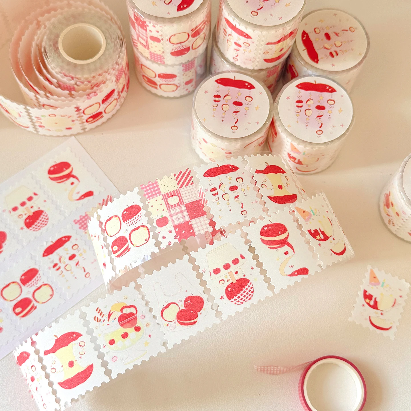 

Three Hearts Flash Sand Apple Stamp Sticker Roll Waste Removal Journal Salt Series